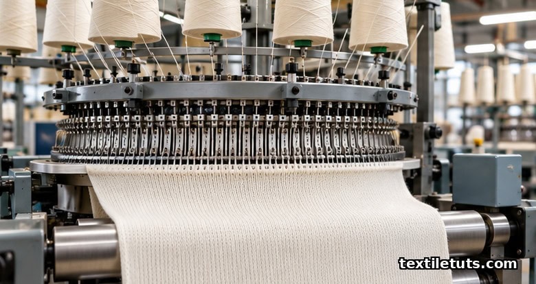 Circular knitting machine producing single jersey fabric from cotton yarn on a single needle bed.