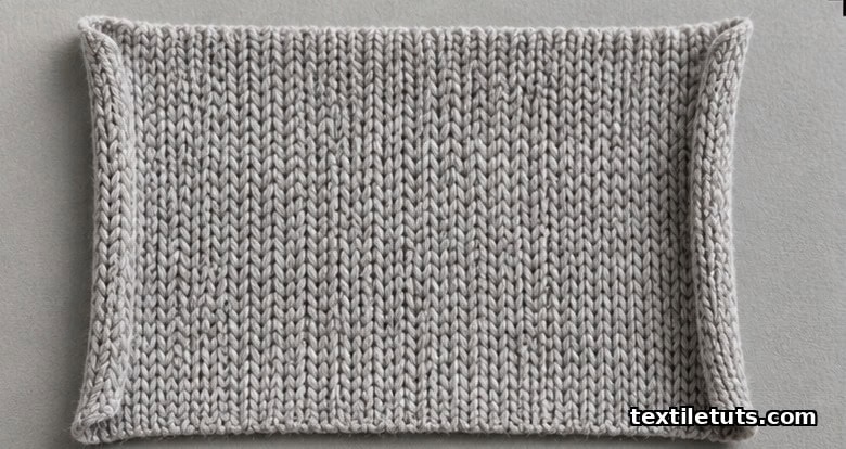 Flat swatch of single jersey fabric showing V-shaped stitches and the classic lengthwise and widthwise edge curl.