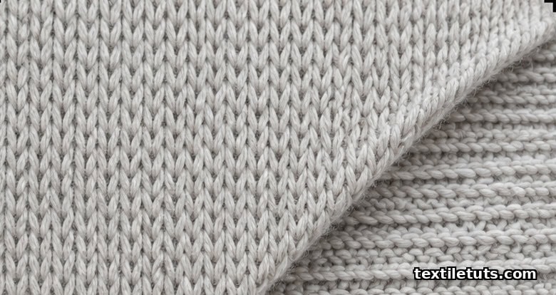 Extreme macro view of single jersey fabric showing face knit stitches and back purl float loops in detail.