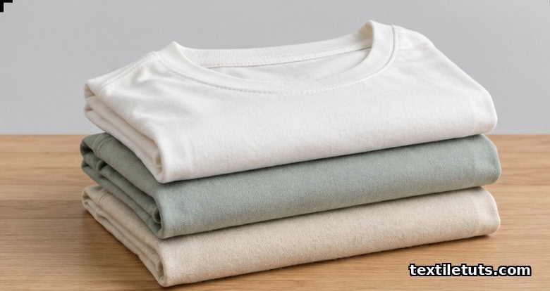 Folded cotton t-shirts in stone-white, dusty sage, and ecru stacked on an oak table, showing single jersey knit texture.