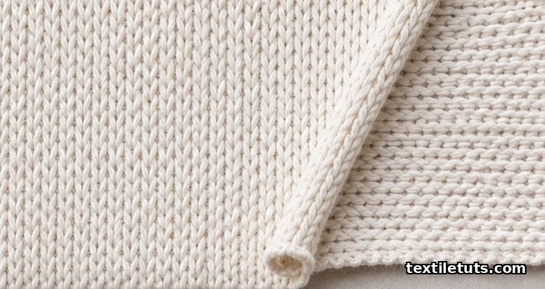 Macro close-up of single jersey fabric showing V-shaped face loops and a curling cut edge.