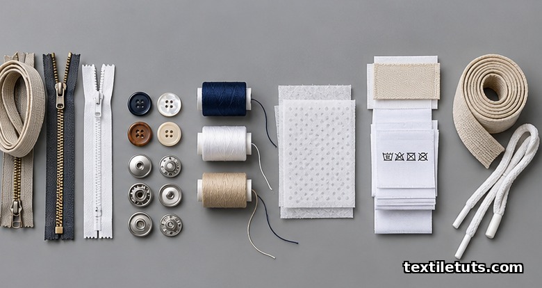 Six organized groupings of garment trim components: closures, threads, interlinings, labels, linings, and elastic laid out in a row on a neutral matte surface.