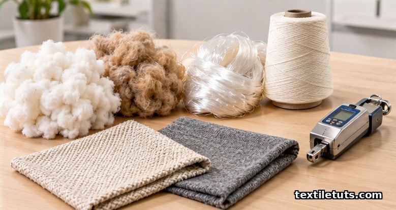 Textile engineer workbench with raw cotton, wool, polyester fibers, yarn spool, woven and knit fabric swatches, and a tensile gauge.