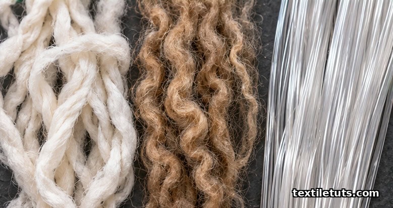 Macro side-by-side comparison of raw cotton fibers, crimped wool fibers, and smooth polyester filaments on a dark background.