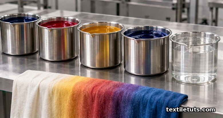 Row of stainless-steel dye beakers holding navy reactive, red acid, yellow disperse, indigo vat, and clear scouring baths beside draped fabric.