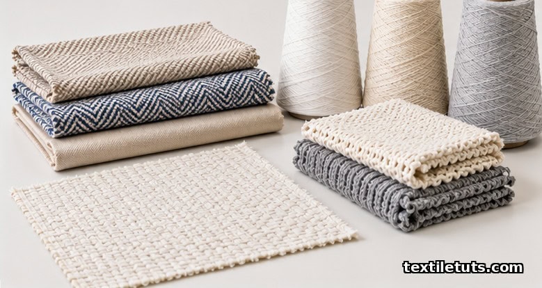 Flat-lay of plain-weave cotton swatch with visible warp and weft interlacing, alongside folded woven and knit swatches and three yarn cones.