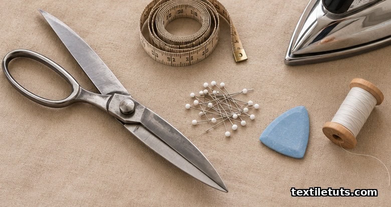 Sewing tools arranged on fabric: shears, measuring tape, pins, chalk, thread spools and iron.