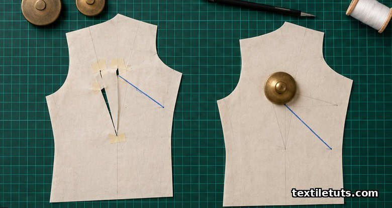 Split overhead view of slash-spread and pivot dart manipulation methods shown on paper pattern pieces pinned to a cutting mat.