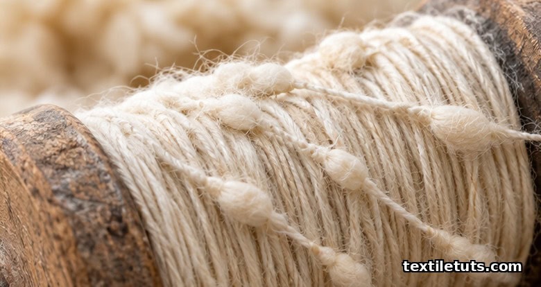 Macro of slub yarn showing thick-thin variation draped across a wooden bobbin with cotton fibers visible