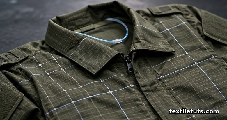 Close-up of an olive-drab military uniform with woven silver conductive grid and optical fiber filament for sensor integration.
