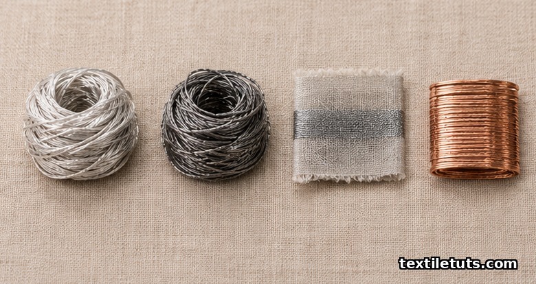Row of four conductive textile samples: silver-coated polyamide yarn, stainless steel filament, printed silver trace, and copper trace.