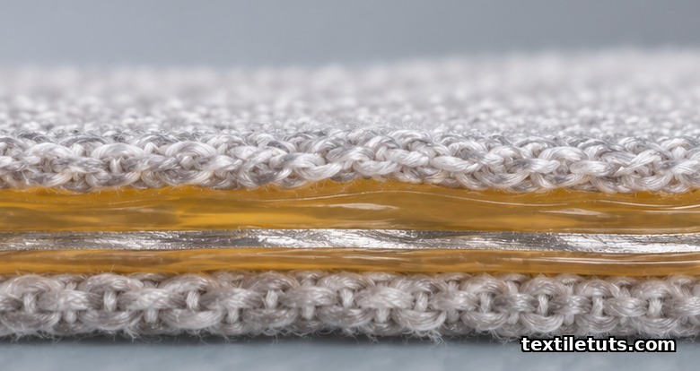 Magnified cross-section of a translucent TPU encapsulation layer sealing a silver conductive trace between textile fibers.