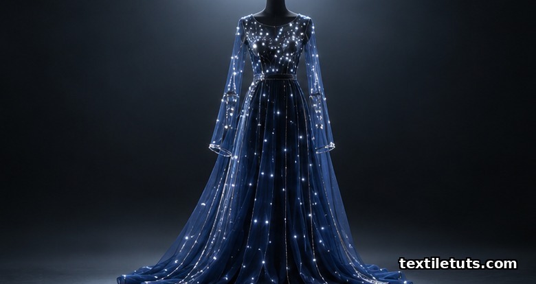 Floor-length sheer chiffon gown on a dress form with hundreds of tiny glowing LEDs and visible silver conductive thread traces at the seams.