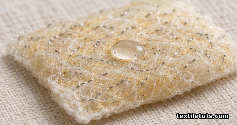 Antimicrobial wound dressing pad of alginate fibers and silver-ion threads resting on pale cotton textile.