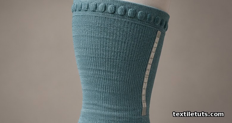Graduated compression sleeve with microencapsulated PCM inclusions and a sensor strip on a display form.