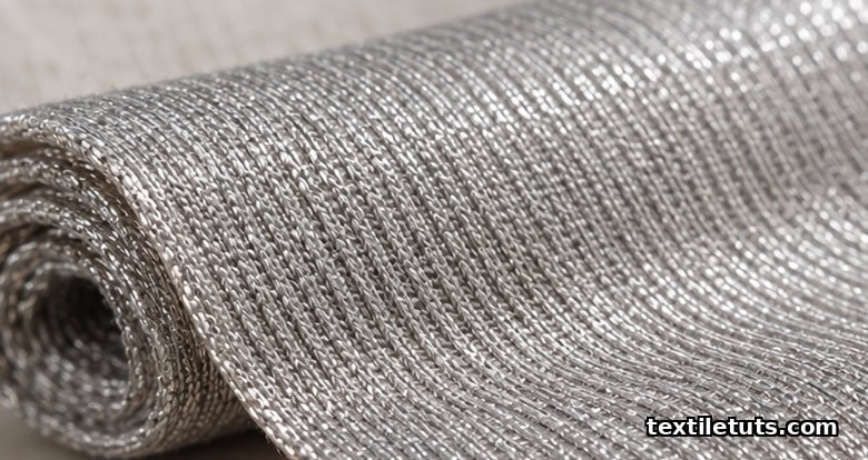 Close-up of silver-coated polyamide filaments woven into a fine knit textile under soft studio light.