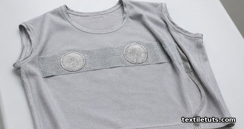 Knit textile ECG shirt laid open with silver-coated conductive electrode patches sewn into the chest band.