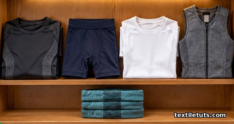 Locker-room shelf with folded smart textiles including an ECG compression shirt, sEMG shorts, a heated base layer, a PCM cooling vest, and sweat-sensing headbands.