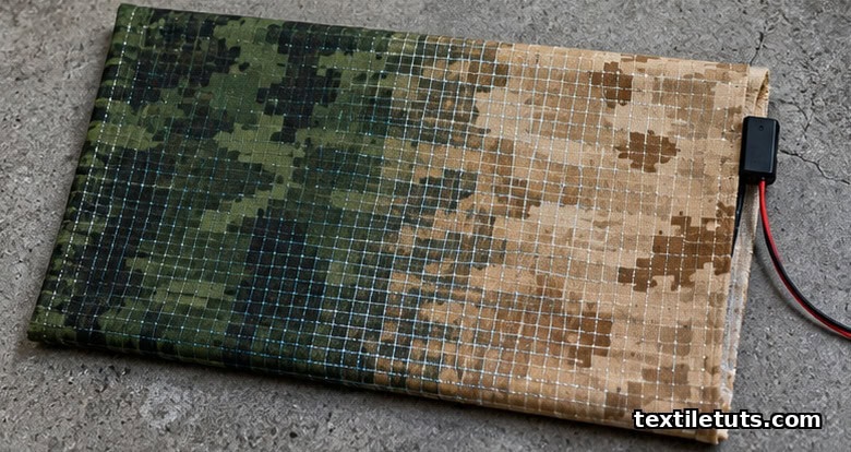 Adaptive camouflage fabric swatch transitioning from forest green to desert tan with PEDOT-coated conductive weave and battery clip.
