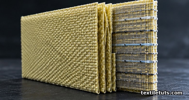 Cross-section of an aramid ballistic panel showing layered plies with embedded fiber Bragg grating and strain-gauge traces.