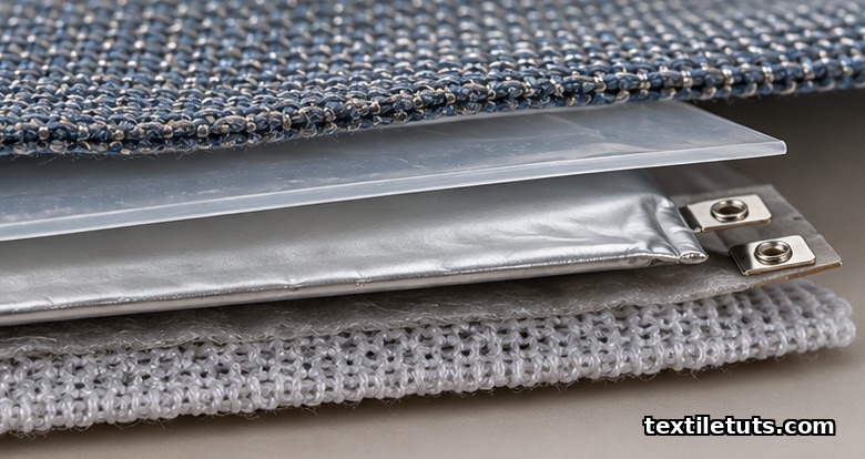 Cross-section of layered smart textile showing outer shell, polyurethane barrier, thin-film battery pouch with snap connector, and inner knit.