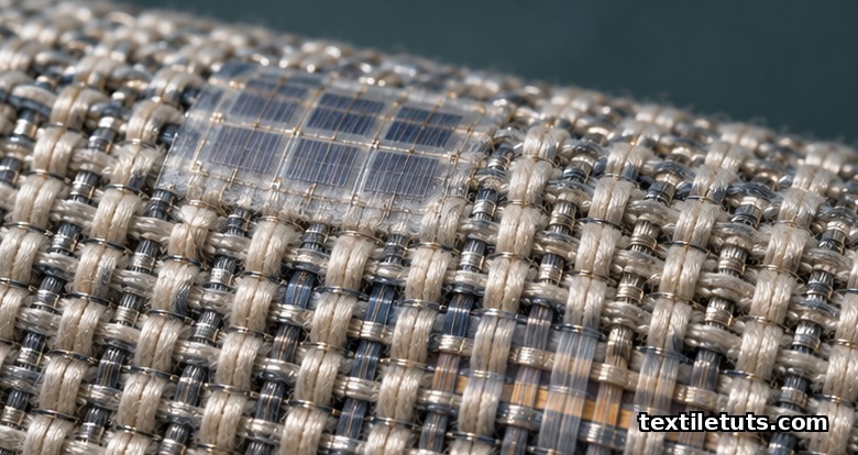 Macro close-up of woven conductive yarns interlaced with cotton threads, with photovoltaic fibers and a thin-film battery visible in the weave.