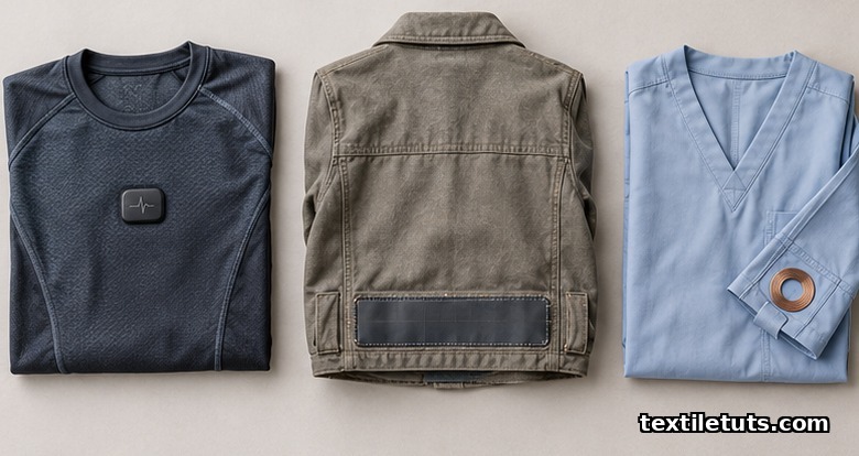 Folded fitness shirt, work jacket with battery panel, and medical monitoring top laid out flat to compare smart-garment power architectures.