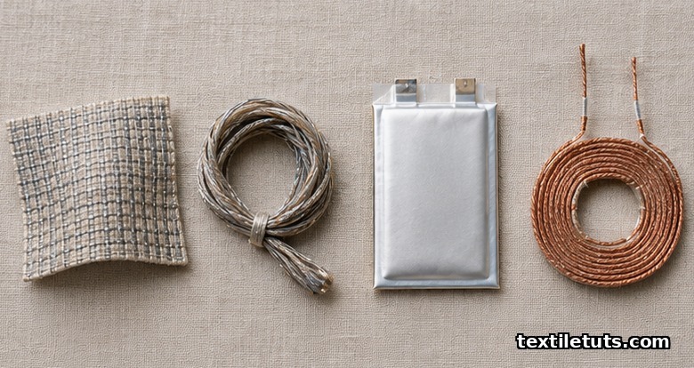 Top-down view of four textile power components: piezoelectric fabric, triboelectric yarn, solid-state lithium-polymer cell, and inductive coil.