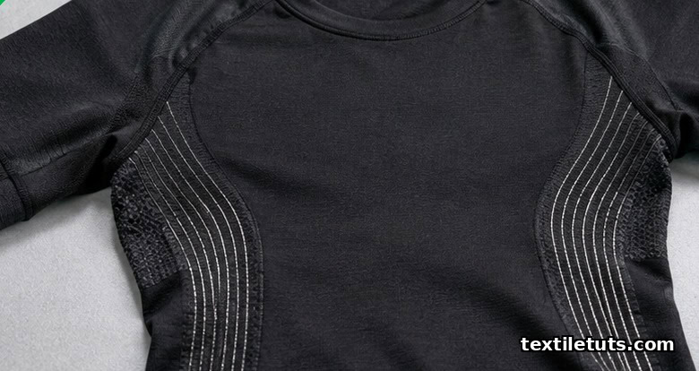Compression shirt with conductive yarn electrodes knit into the lower rib cage panel, laid flat under studio light.