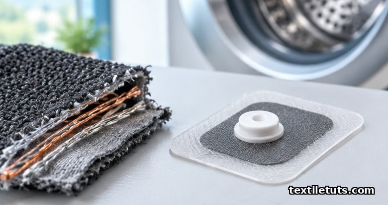 Workbench still life showing TPU-encapsulated conductive yarn, a polymer-coated electrode patch with removable snap connector, and a washing-machine drum in soft bokeh.