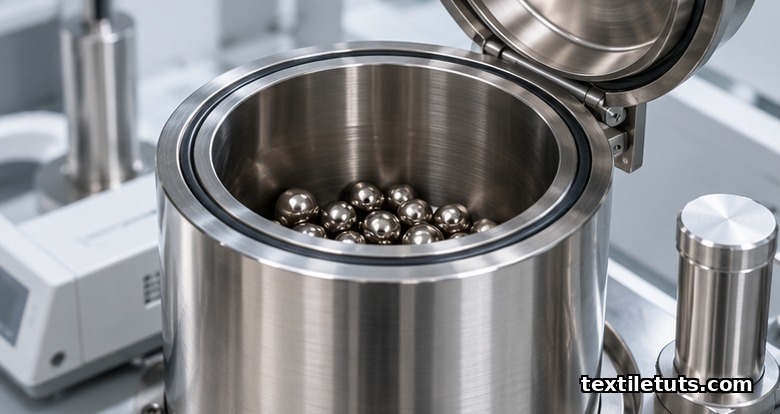 Open stainless steel wash-test cylinder with steel agitation balls inside a laboratory testing apparatus.