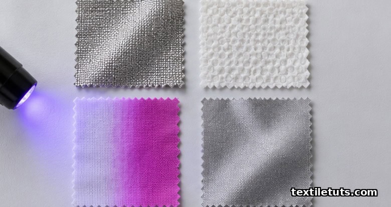 Four smart textile swatches showing conductive weave, PCM microcapsule fabric, photochromic dye, and silver antimicrobial finish.