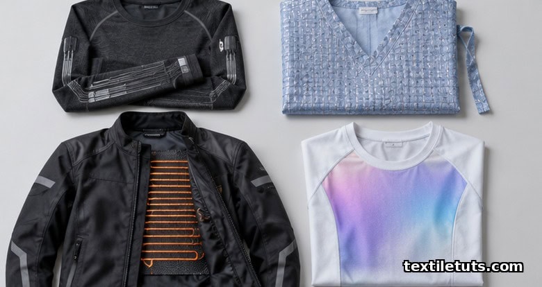 Smart textile end-use products: biometric base layer, antimicrobial hospital gown, heated jacket, color-shifting T-shirt.