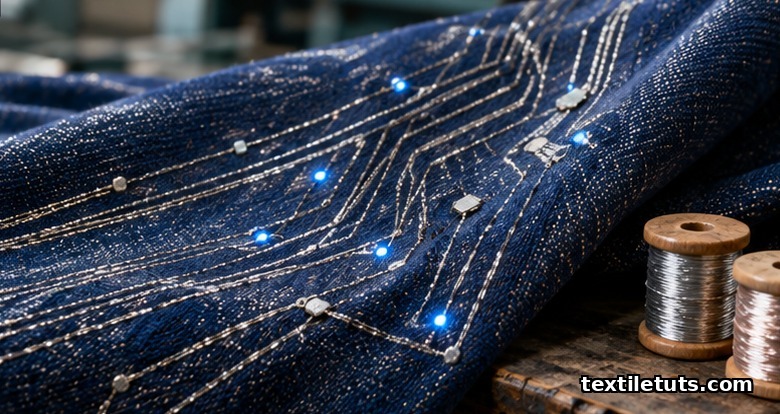 Close-up of dark fabric woven with silver conductive threads forming circuit traces, with spools of conductive yarn on a workbench.