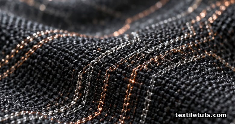 Close-up of dark fabric woven with silver conductive threads forming a glowing circuit pattern.