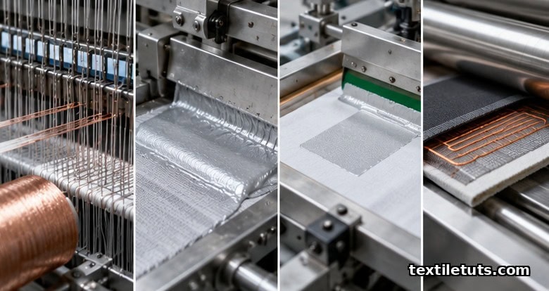 Textile manufacturing montage showing weaving loom, fabric coating blade, screen printing frame, and heated garment lamination line.