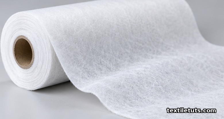 Roll of soft white SMMS nonwoven fabric unrolled to show fine-fiber web texture under studio light.