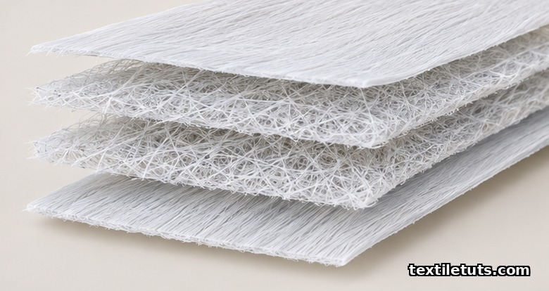Cross-section illustration of SMMS fabric showing two spunbond outer layers and two meltblown inner layers.