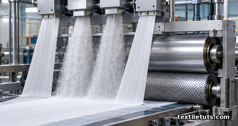 Four-beam spunbond and meltblown production line depositing polymer webs onto a calender for SMMS fabric.