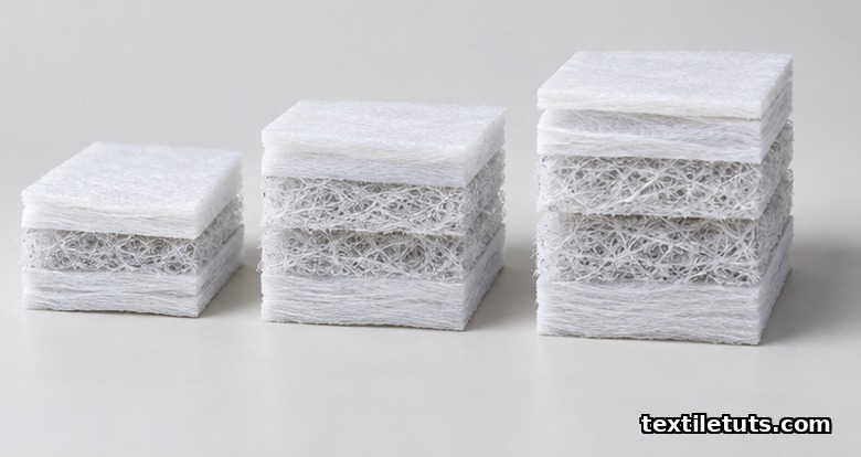Three upright nonwoven layer stacks comparing SMS, SMMS, and SSMMS structures by visible layer count.