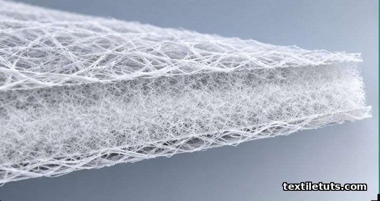 Magnified cross-section of three-layer SMS nonwoven composite showing two spunbond layers around a dense meltblown core.