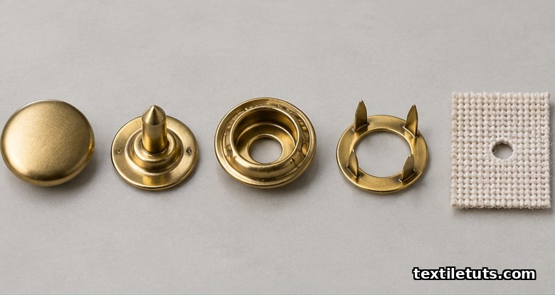 Overhead flat-lay of the four disassembled parts of a brass snap fastener: cap, stud, socket, and pronged washer.
