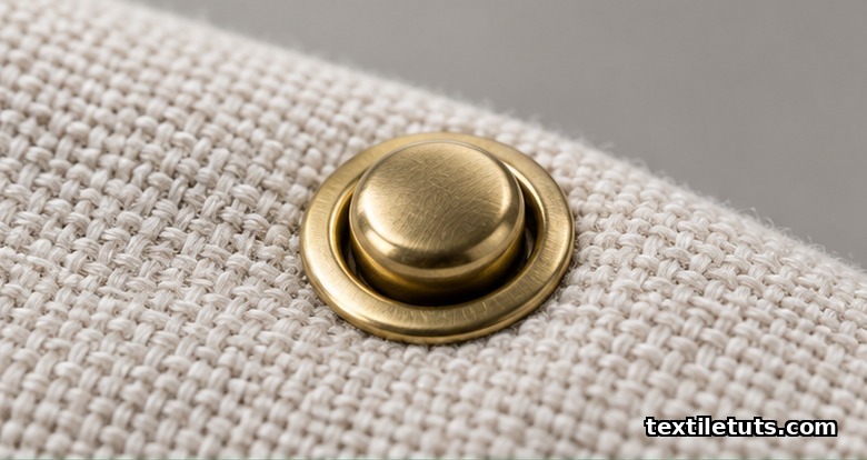 Macro close-up of an engaged brass snap fastener on woven fabric, showing the cap and socket locked together.