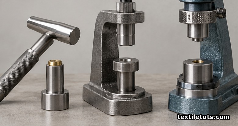 Side-by-side flat-lay of three snap press tools: a hand setter, a bench-mounted snap press, and a pneumatic clicker press.