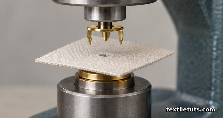 Close-up of a snap press installation moment: brass cap die below fabric, post assembly above, top die ready to press.