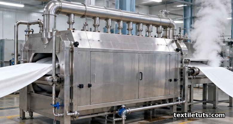 Continuous pad-steam bleach line with stainless steel J-box steamer processing white polyester fabric in a textile mill.