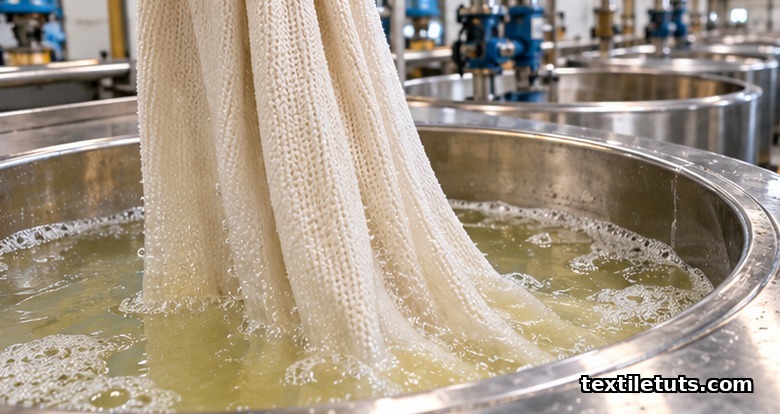 Cotton fabric submerged in pale sodium hypochlorite bleach liquor inside a stainless steel mill tank.