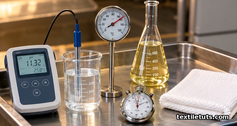 Mill control station with pH meter, thermometer, and sodium hypochlorite flask beside bleached cotton.