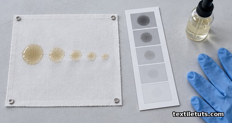 AATCC Test Method 130 flat-lay showing five corn oil droplets on a white fabric specimen beside a grayscale 1-to-5 grading replica strip on a lab bench.