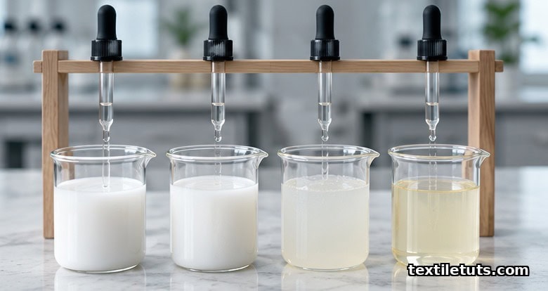 Four glass beakers on a lab bench holding milky white polymer emulsions representing fluorocarbon, acrylic, silicone, and bio-based soil-release finishes.